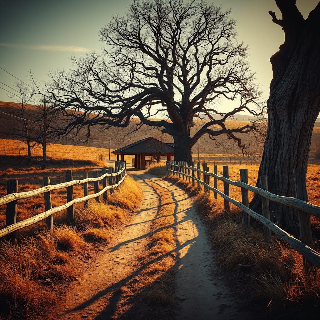 Impressionist Rural Landscape with Weathered Textures