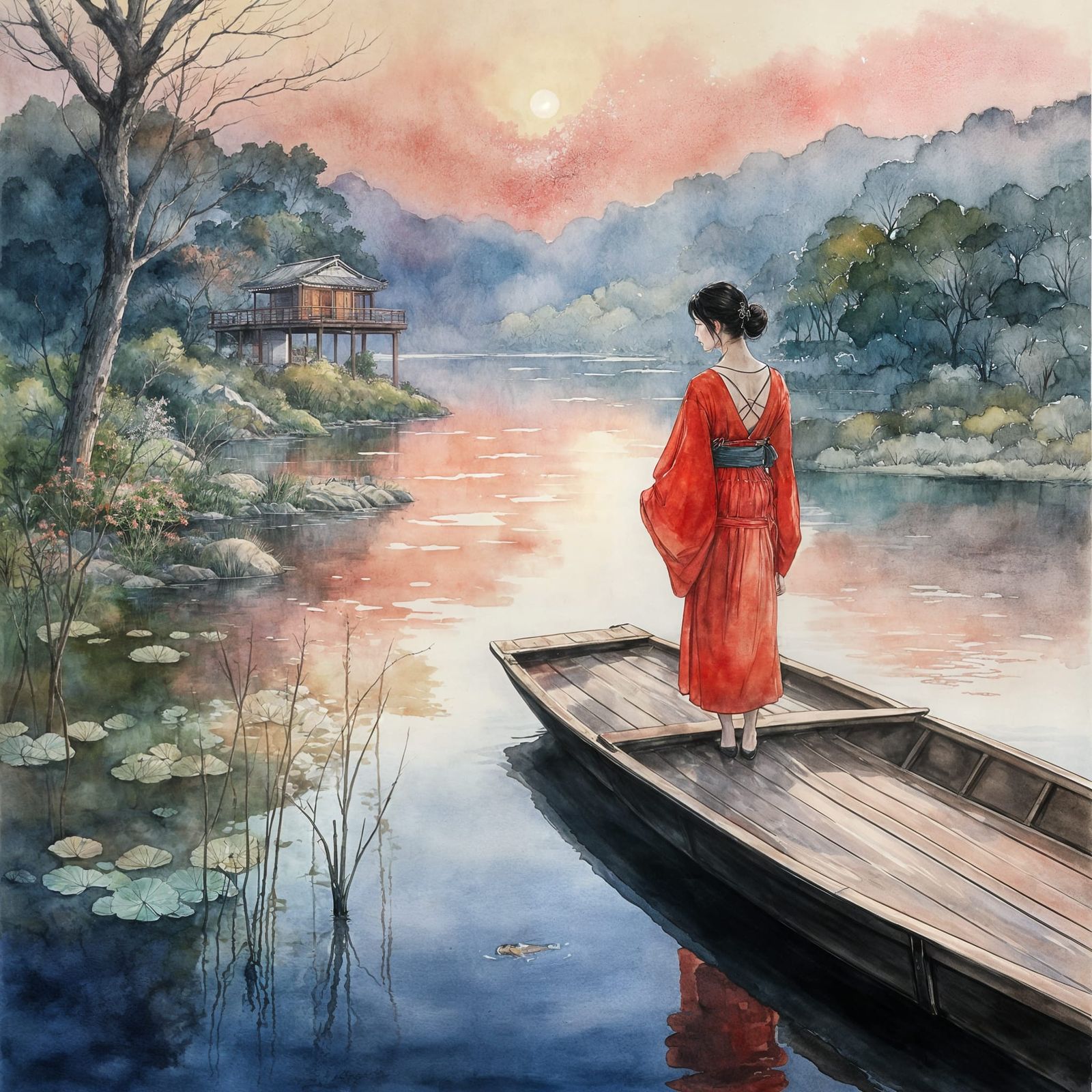 Ethereal Lady on a Japanese Houseboat at Dawn