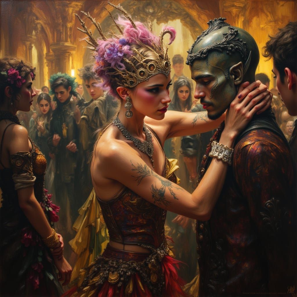 Alien Showgirls in Intergalactic Cabaret: Hyperrealistic Oil...