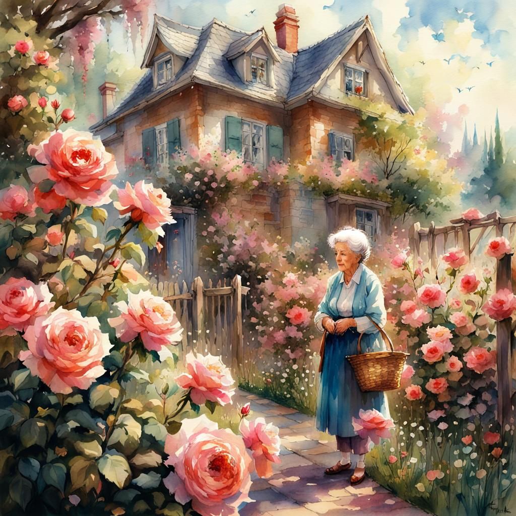Grandmother in Blooming Garden: Watercolor Anime Style