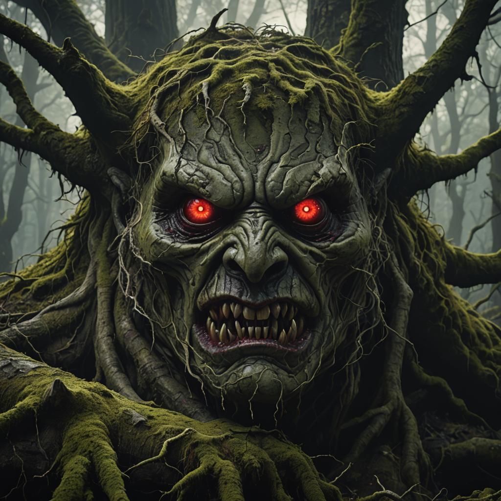 Menacing Monster Face in Desolate Forest