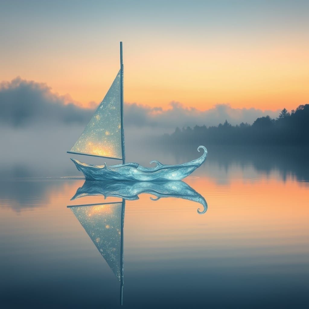 Ethereal Water Sailboat on Misty Lake at Twilight
