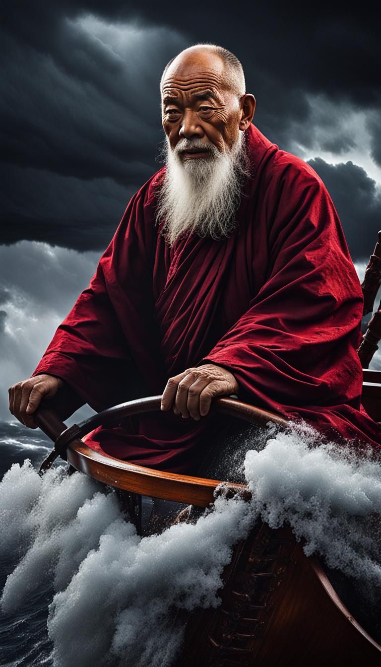 Fearsome Buddhist Priest Pirate Ship Helmsman in Storm
