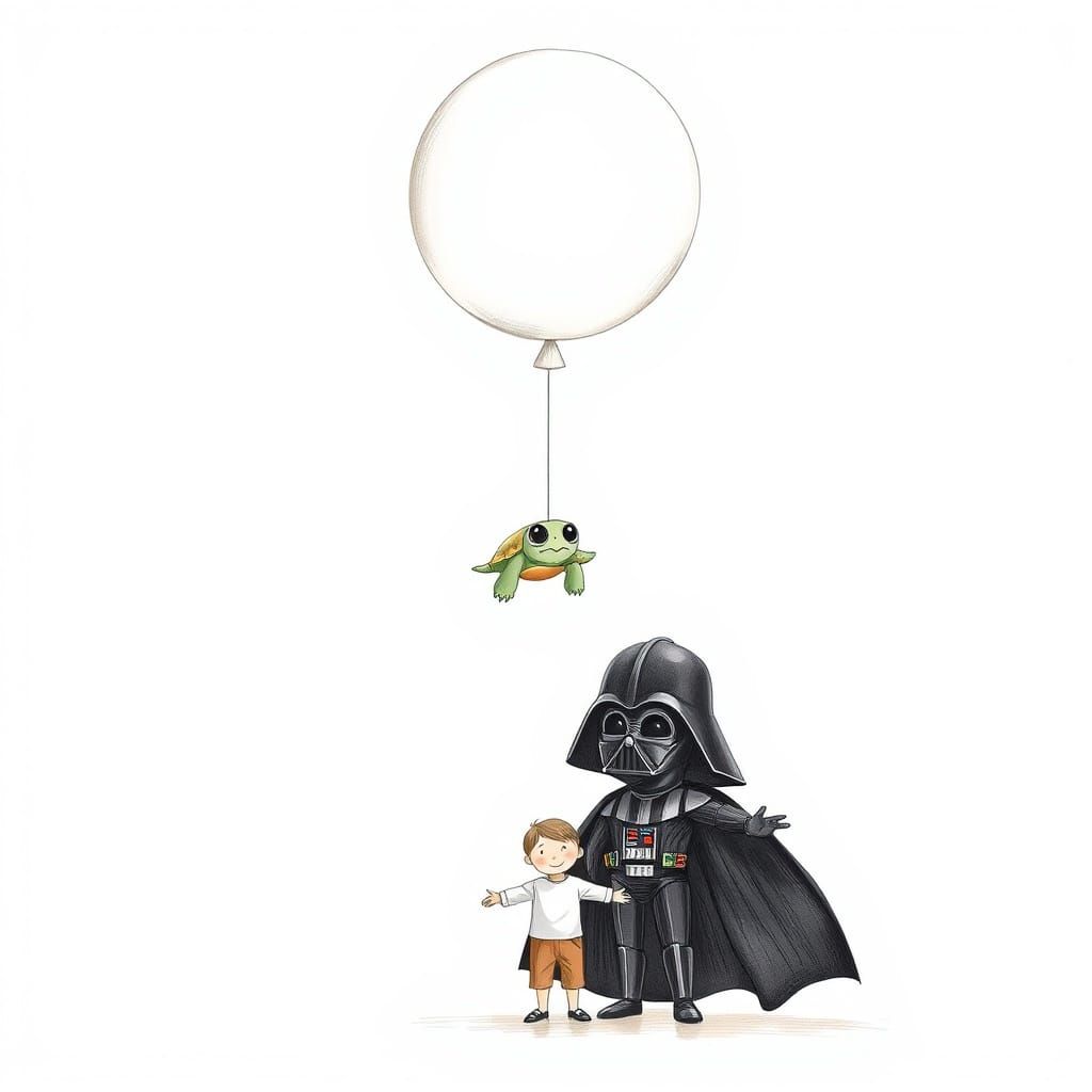 Darth Vader and Turtle Floating Above Boy, Hand-Drawn Style