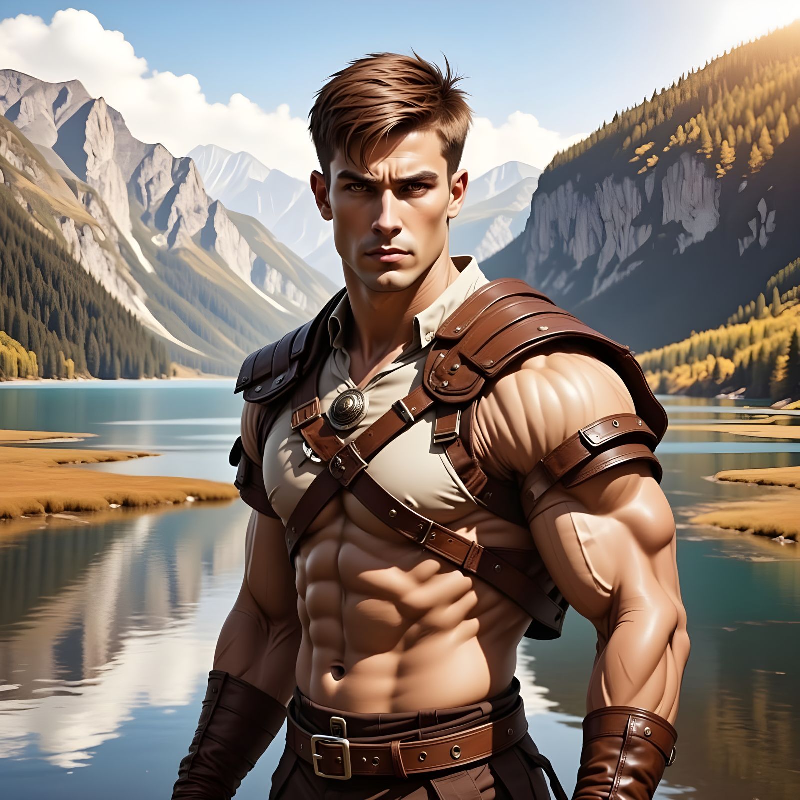 British Barbarian Basks in Sunny Lake Scene