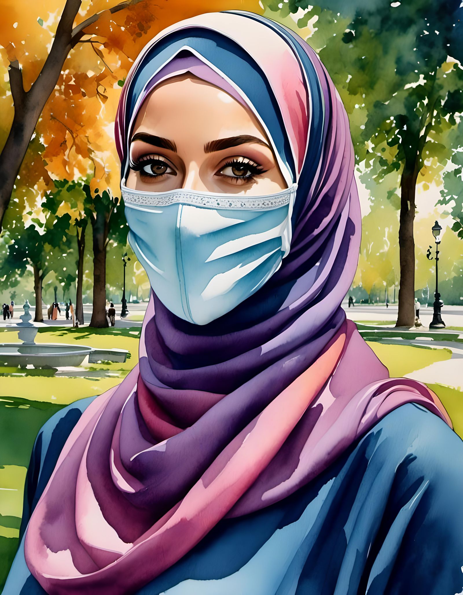 Charming Masked Hijabi in Watercolor Portrait