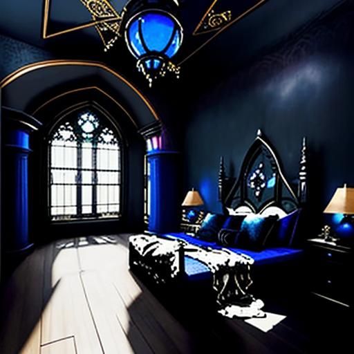 Beautiful gothic bedroom with Cobalt blue walls with black a...