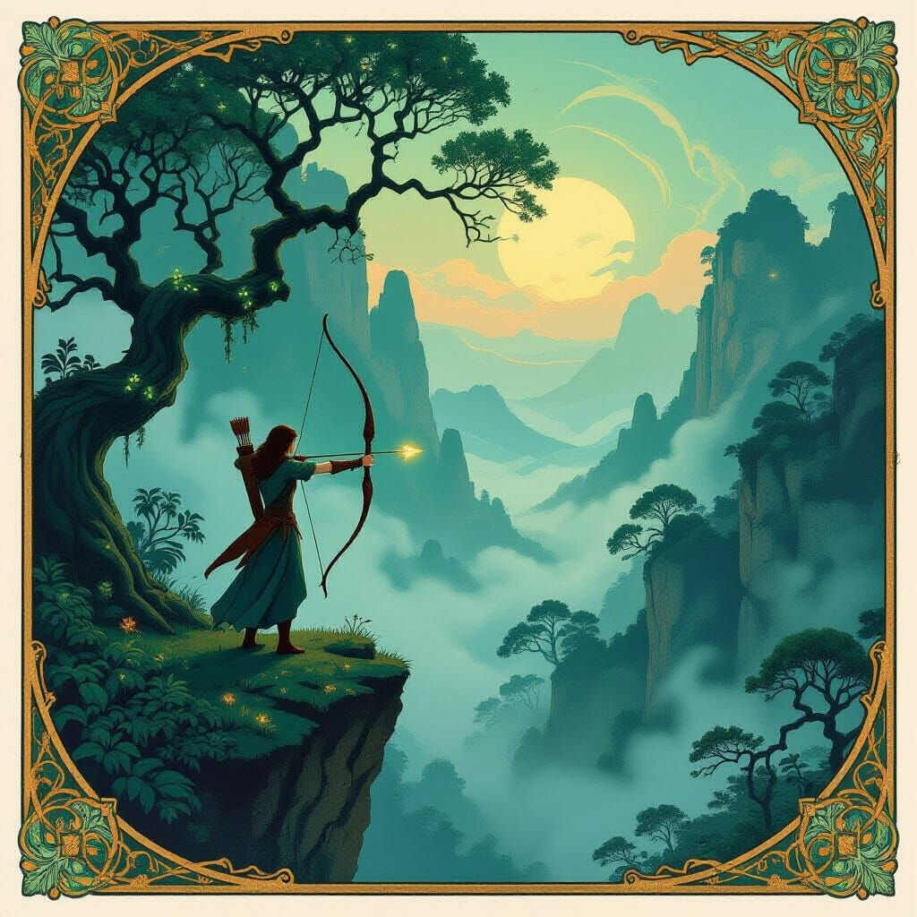 Archer Overlooking Mystical Forest in Art Nouveau Style
