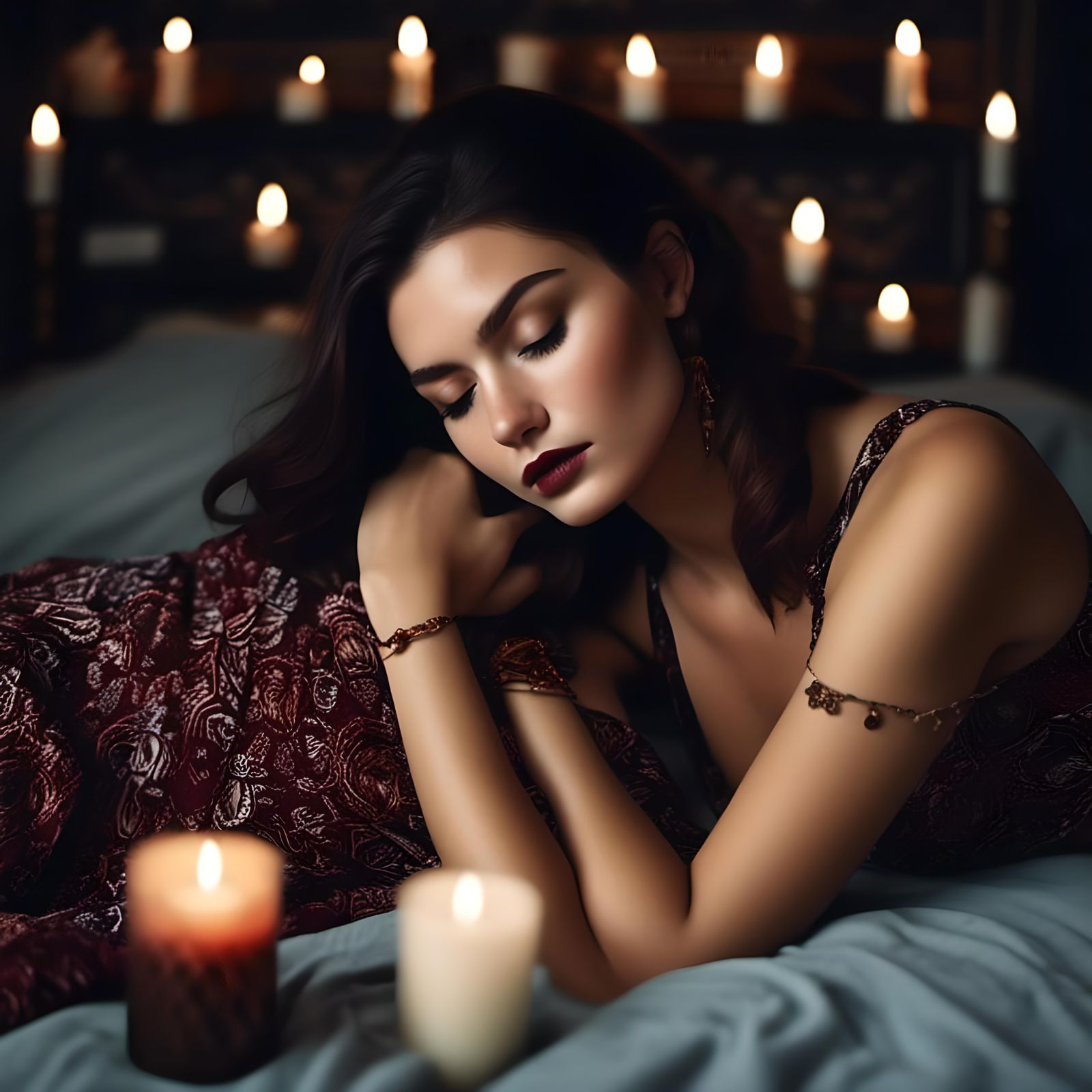 Woman in 70s Style Reclining with Candles