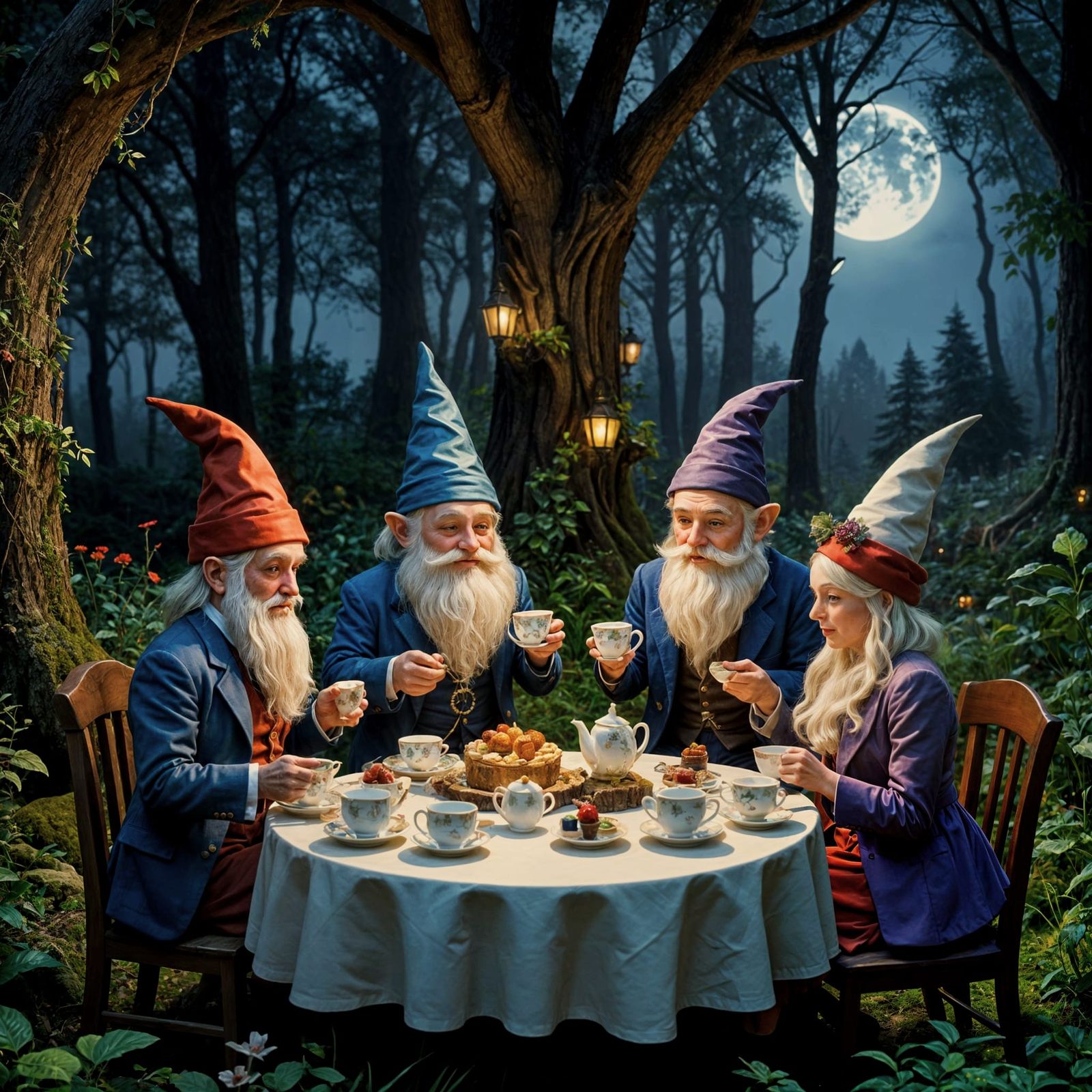 Elegant Gnomes Enjoy Moonlight Tea Party in Woodland Glen