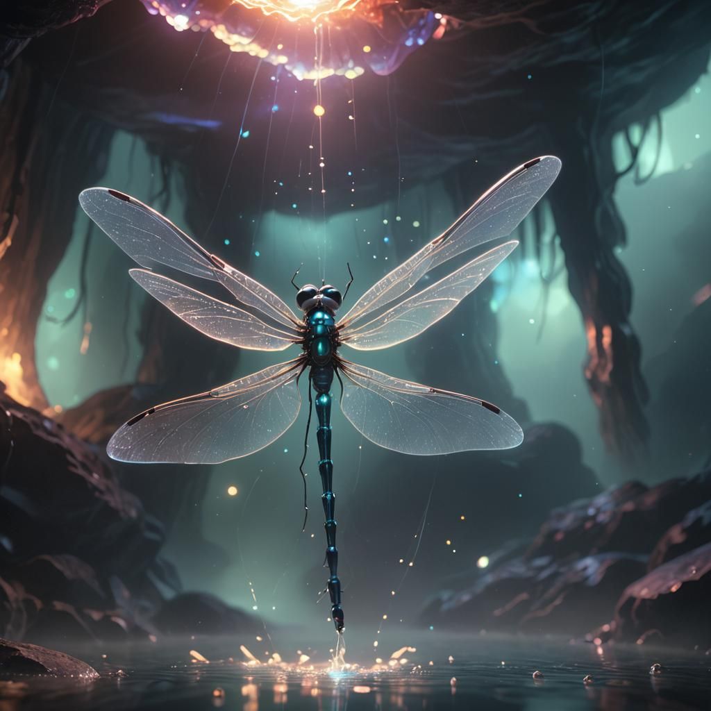 Bioluminescent Jelly Dragonfly in Volumetric 3D Anime Art