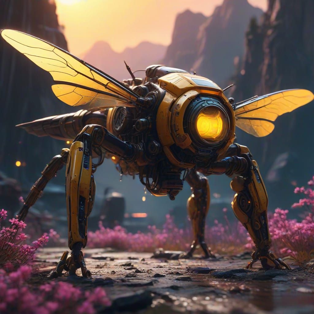 Cyberpunk Bees in Vibrant Neon Landscape