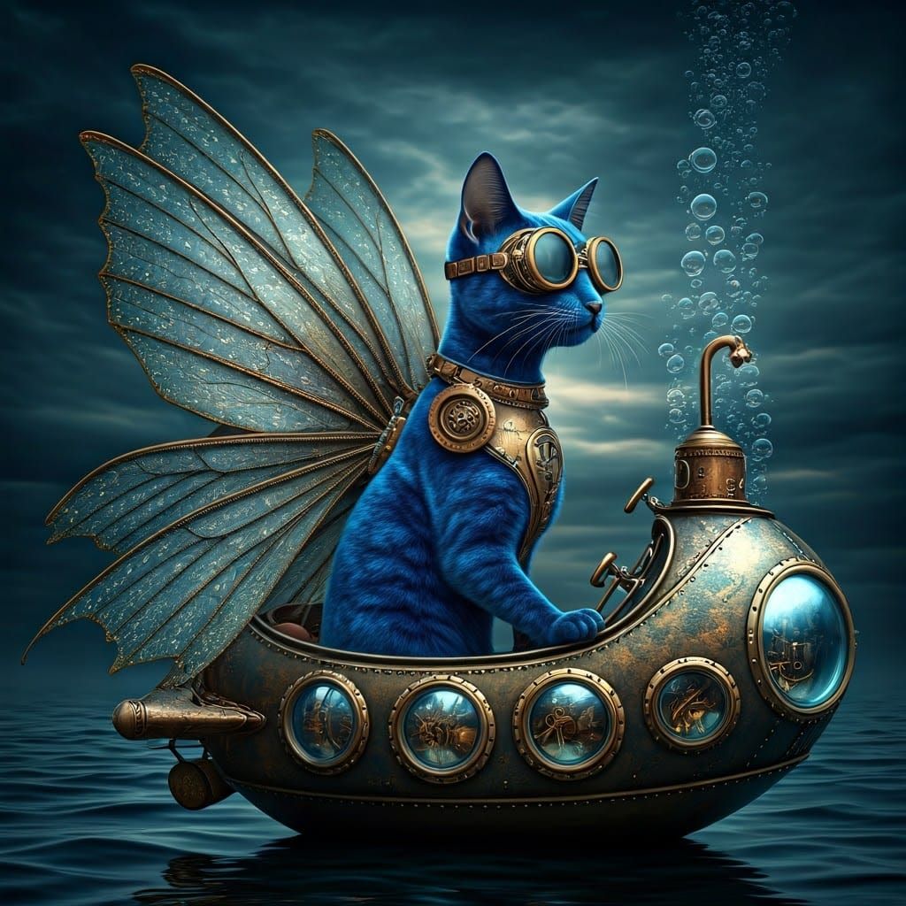 Steampunk Cat Fairy Drives Submarine
