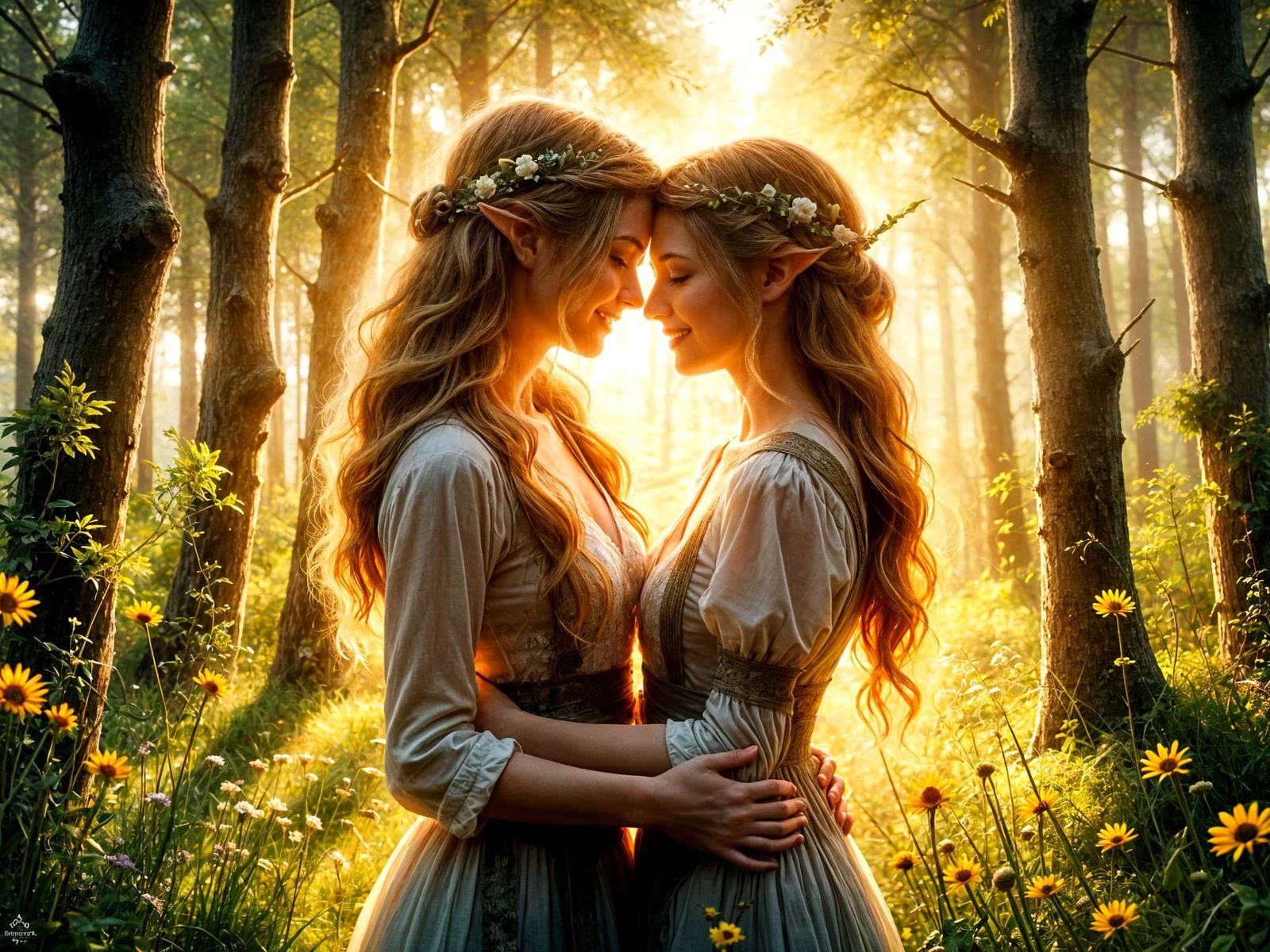 Romantic Elven Embrace in a Golden Meadow
