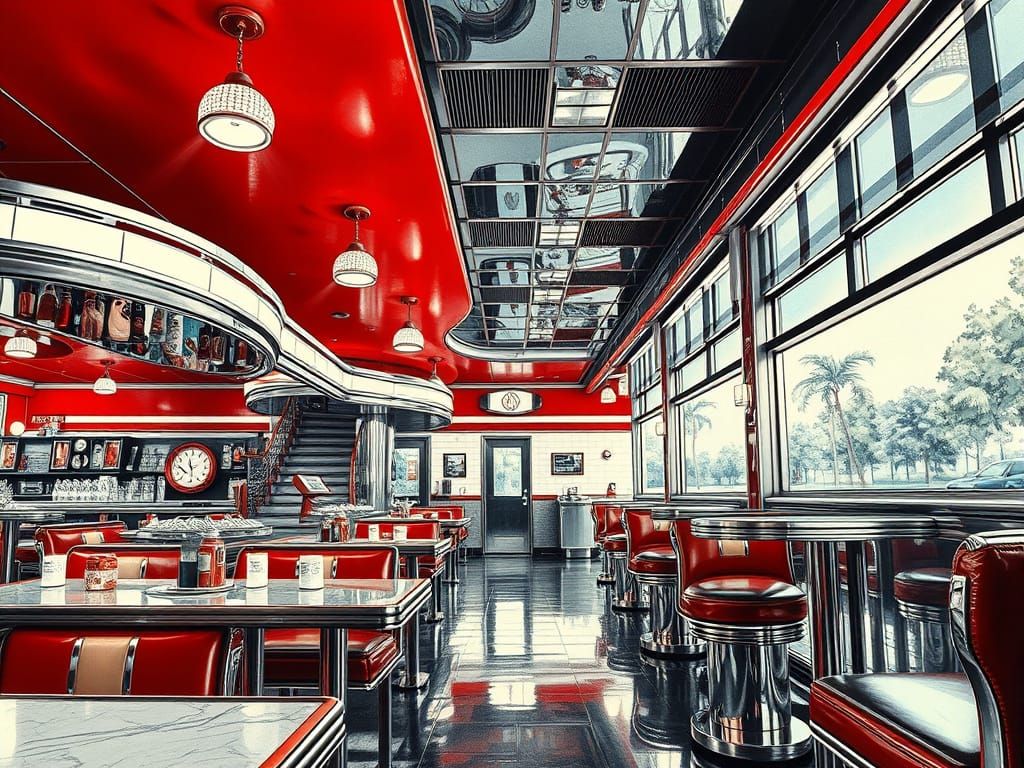 Surrealistic 1950s Diner in Photorealistic India Ink Style