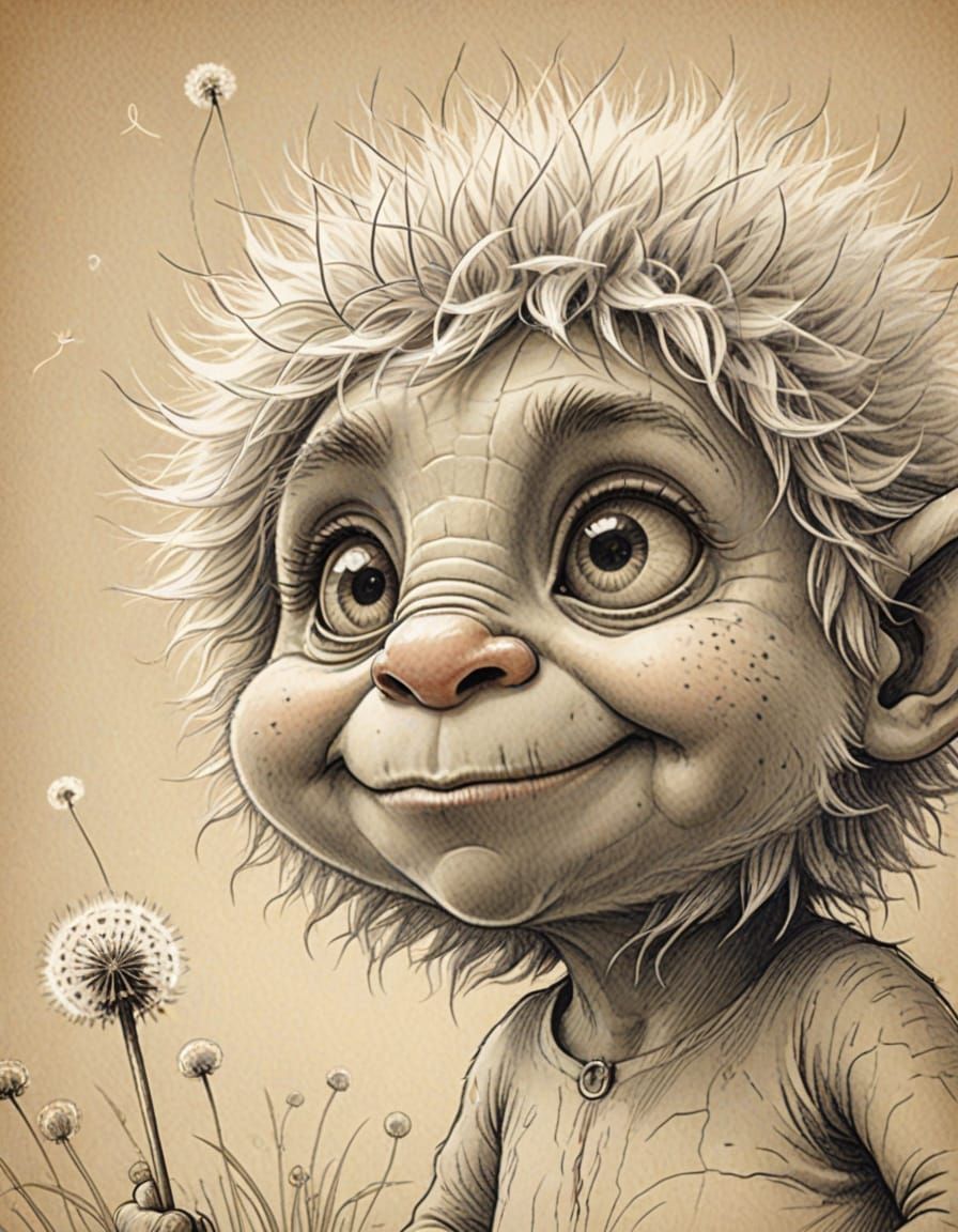 Whimsical Troll Admires Dandelion with Wonder