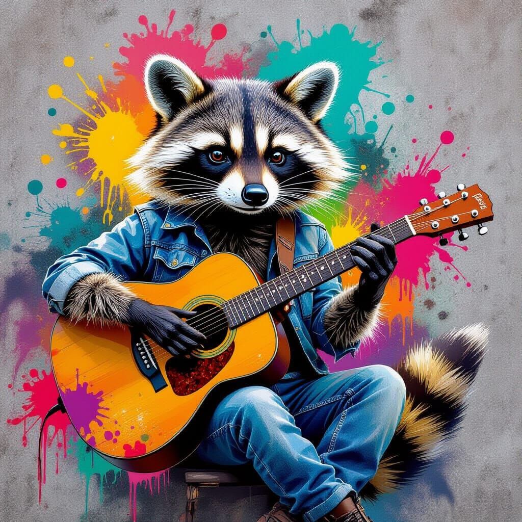 Humanoid Raccoon Plays Guitar in Chalk and Graffiti Style