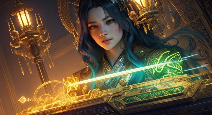 Fantasy Portrait of Woman with Sword in Ukiyo-e Style