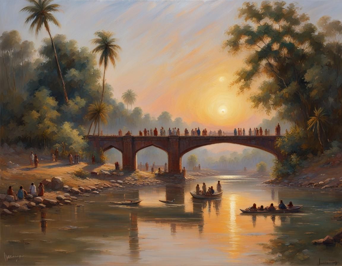 Sunrise Over River with Temple in Oil Painting Style