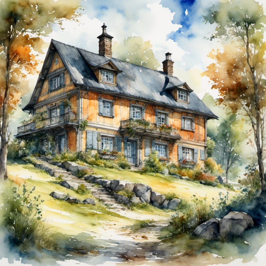 Faluröd Swedish House in Watercolor Style