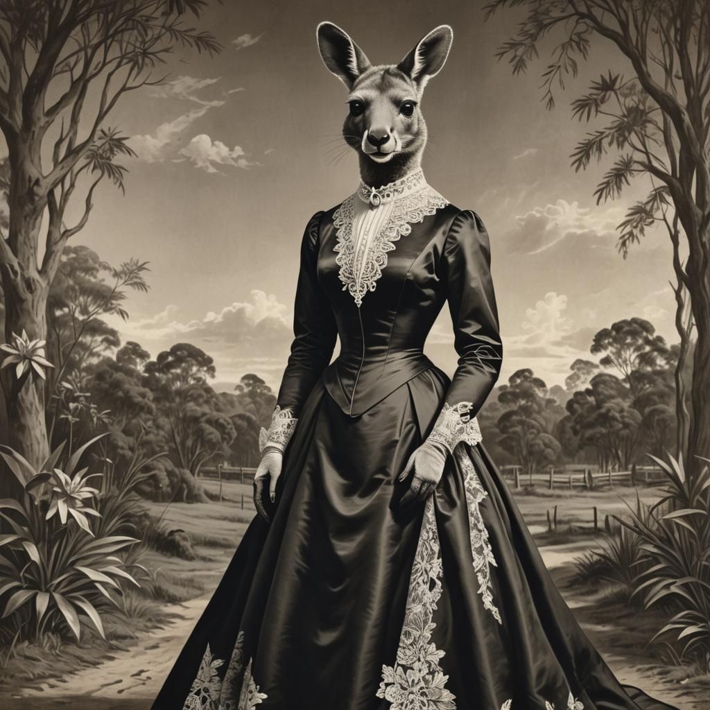 Victorian Kangaroo: Elegant Black and White Illustration