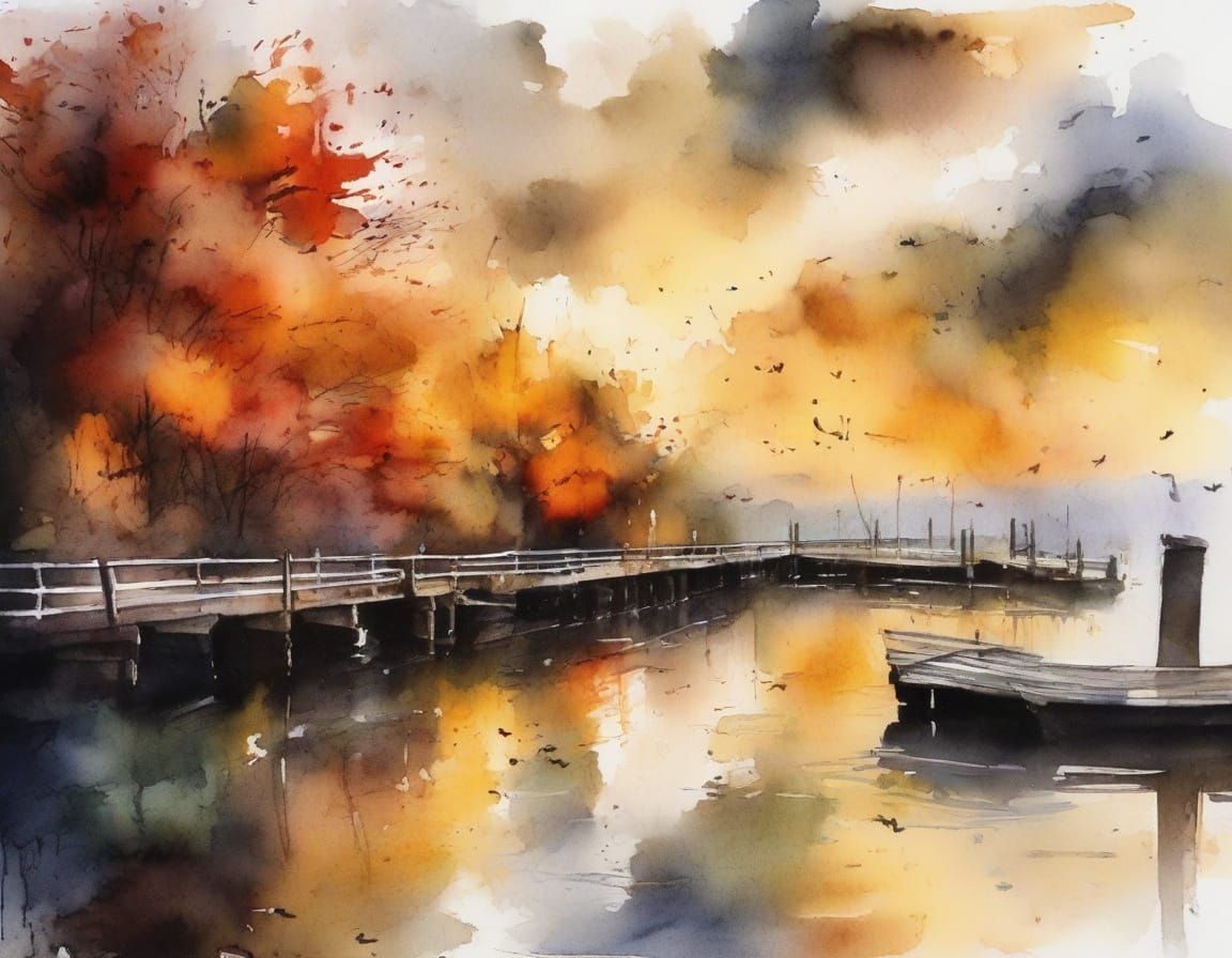 Autumn Docks in Moonlight: Ink Splash Watercolour