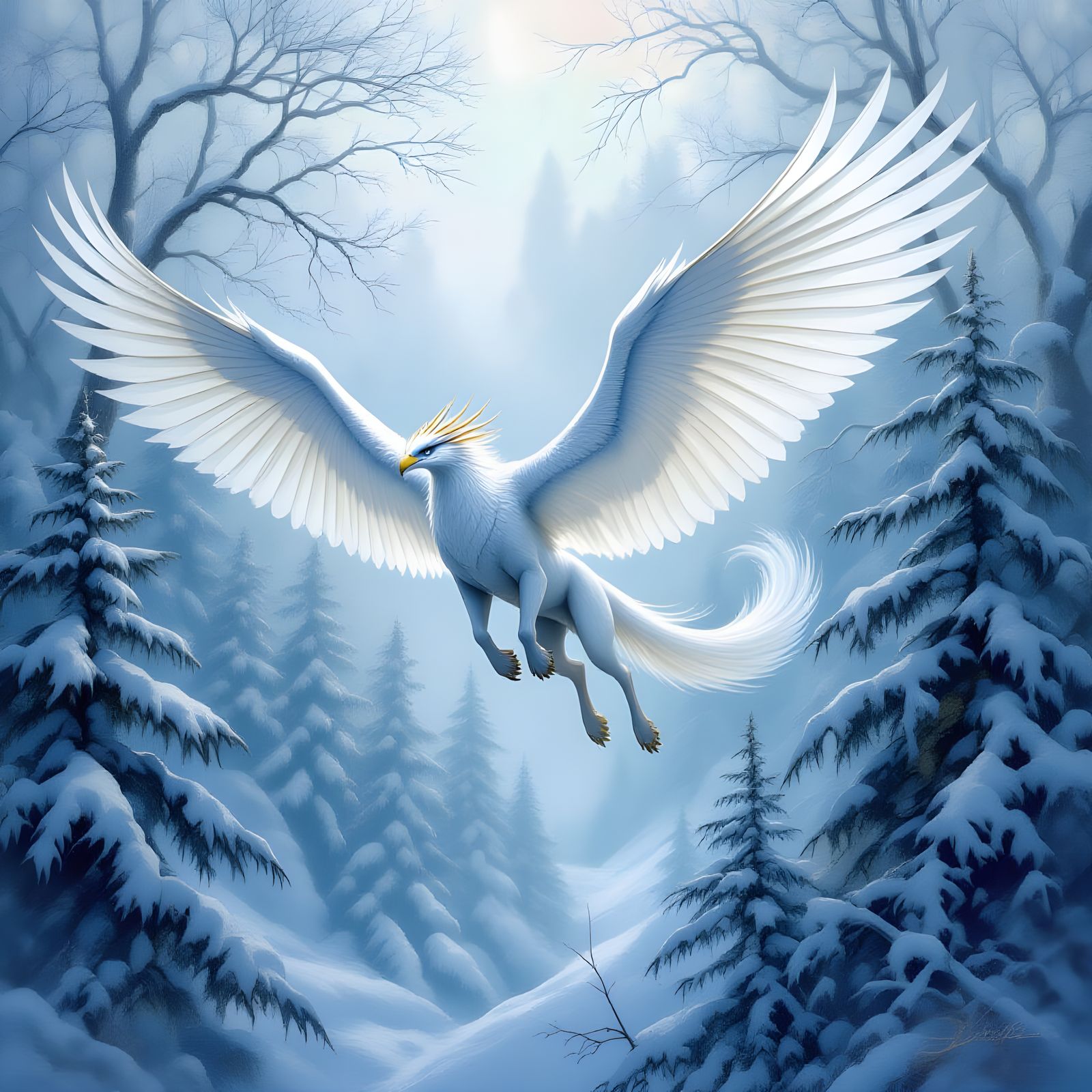 Snow Gryphon in Pastel Forest as Oil Painting