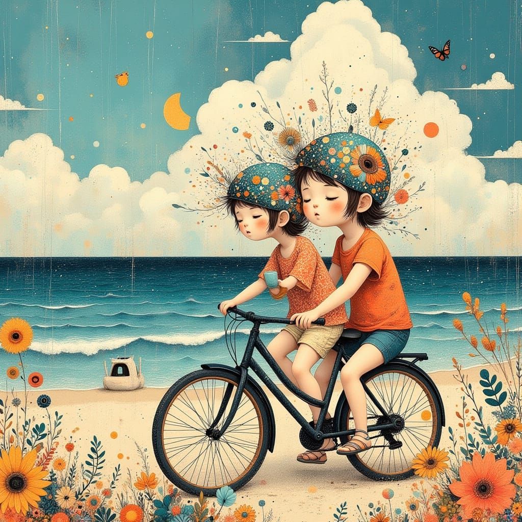 Boys with Vase Helmets Ride Bicycles on Surreal Beach