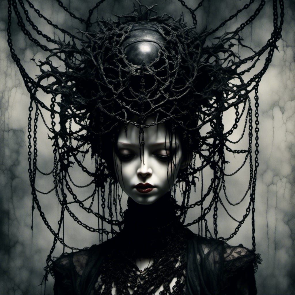 Gothic Porcelain Doll in Dark Underground Chamber