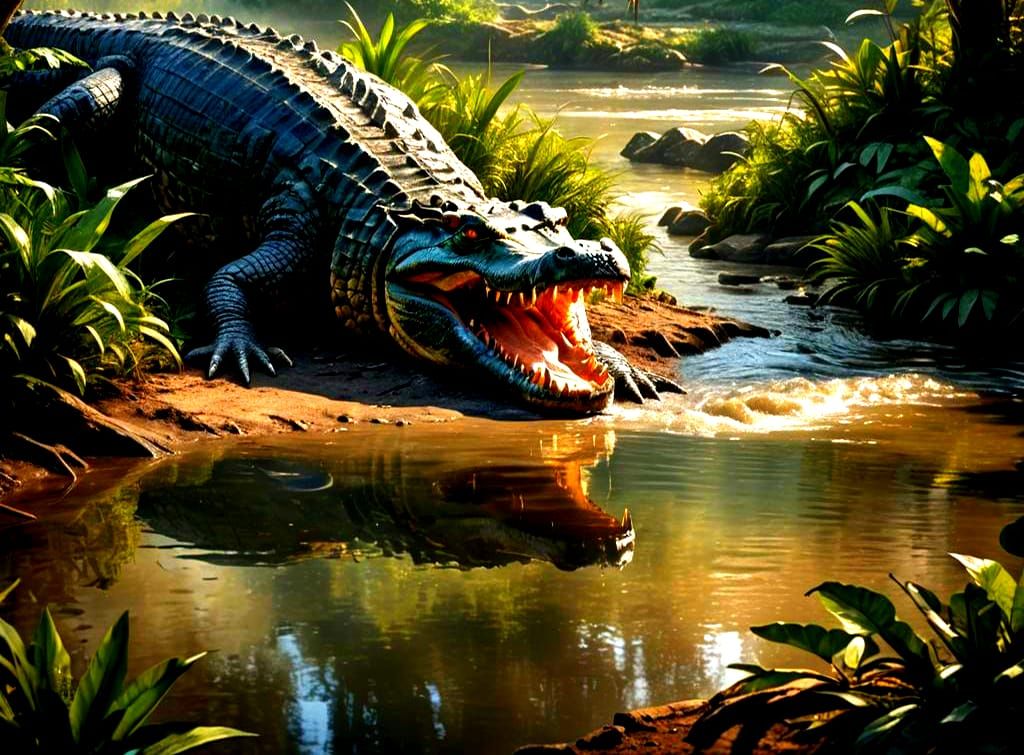 Majestic Crocodile Observes Deer and Tiger in Jungle