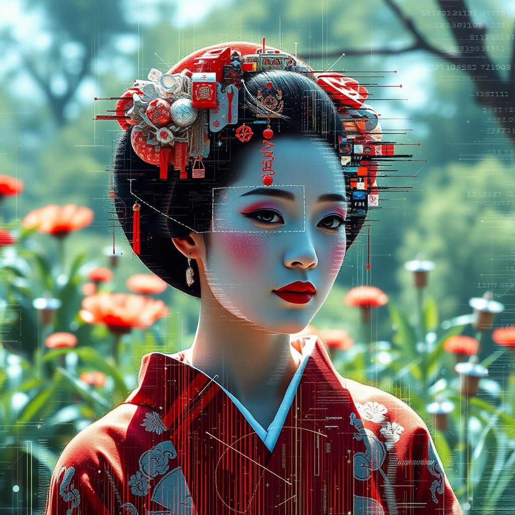 Glitch Art Portrait of Geisha in Cyberpunk Garden