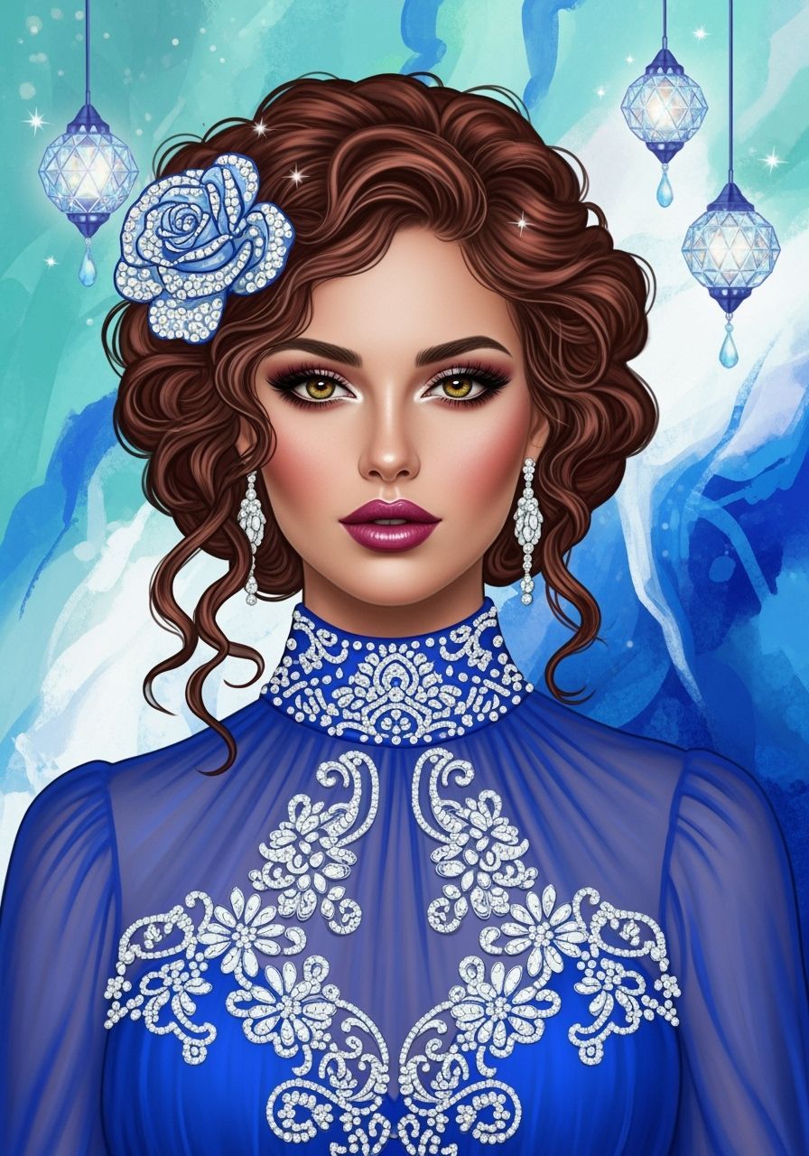 Woman in Blue Chiffon Dress, Art Nouveau Style