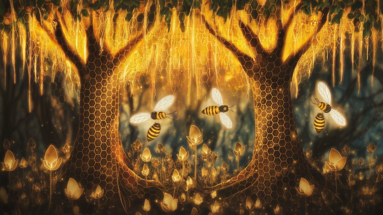 A forest where the trees are made of golden honeycomb struct...