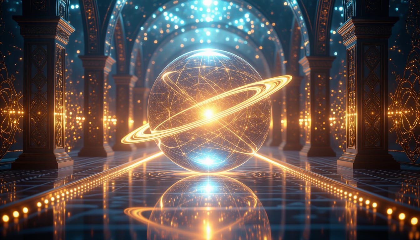 Golden Energy Sphere over Iridescent Light Bridge