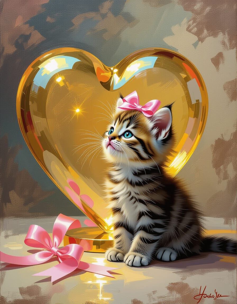 Surreal Kitten in Golden Heart Sculpture in Dalí Style