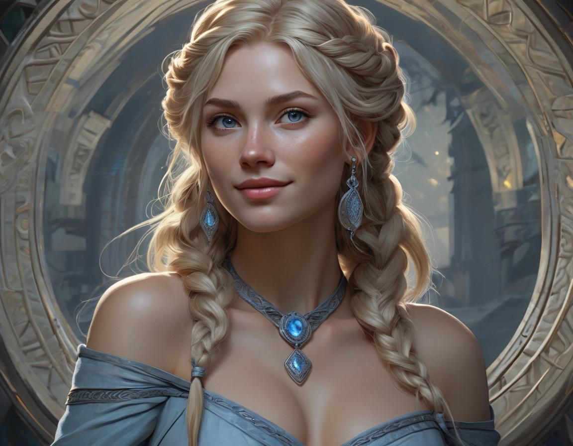 Norse Goddess in Radiant Smile, Illuminated by Pale Blue Moo...