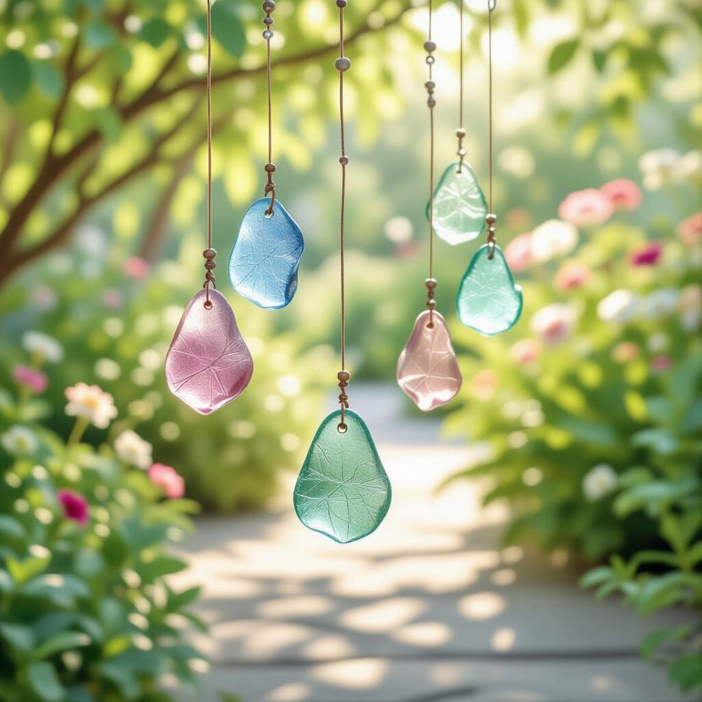 Sun-Dappled Sea Glass Sculptures and Wind Chimes