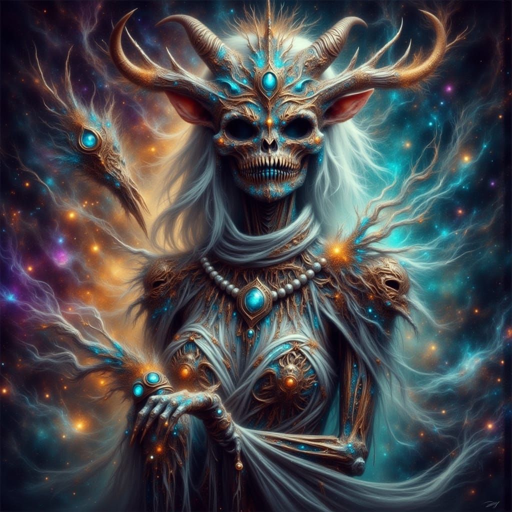 Skeleton Woman with Goat Horns in Cosmic Sci-Fi