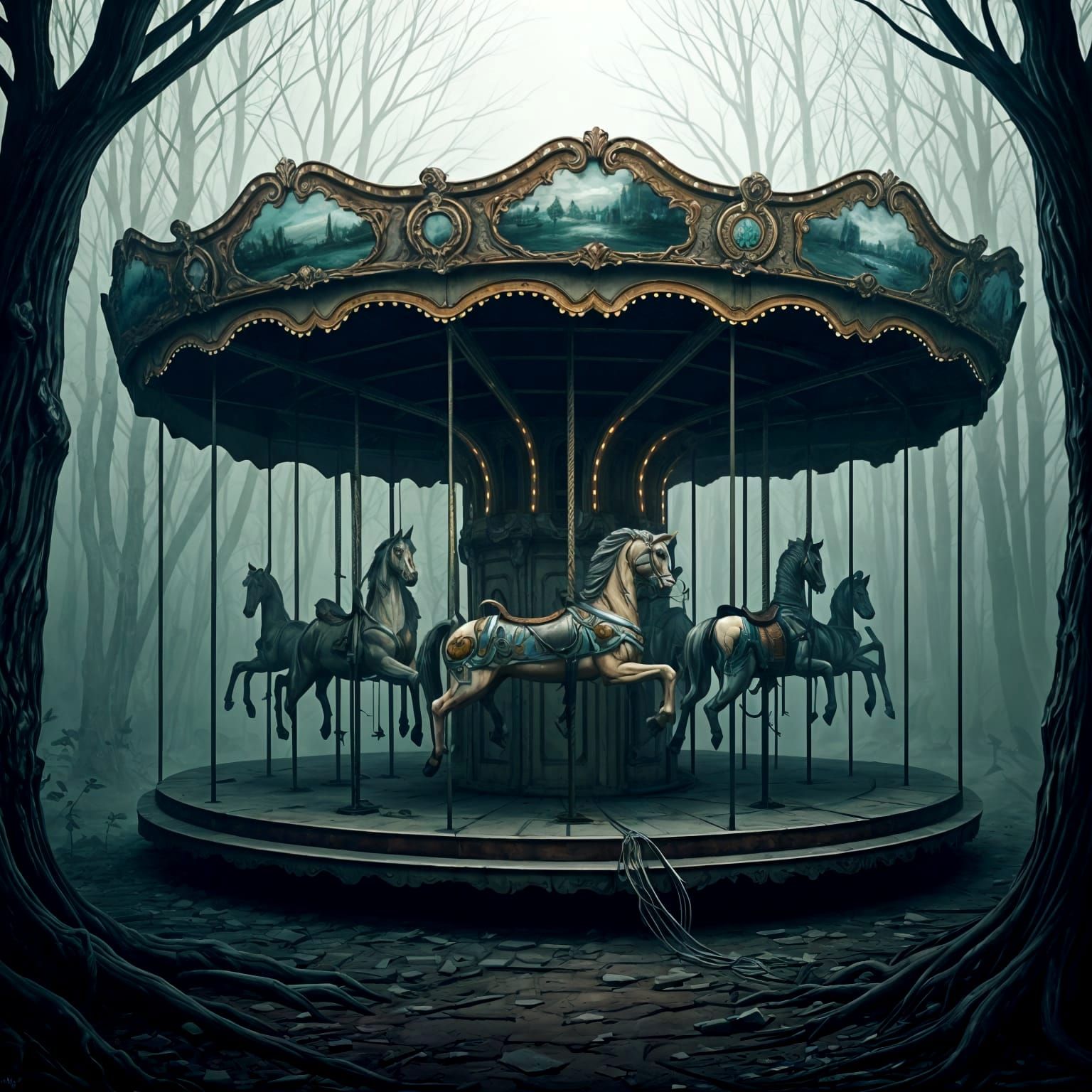 Abandoned Carousel in Mist-Shrouded Clearing
