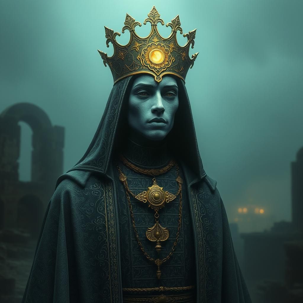 Mystical Figure with Amulet in Dark Surrealism Style