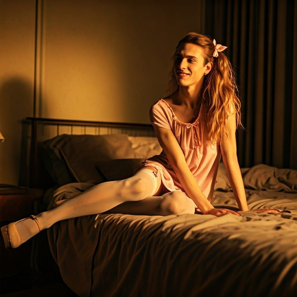 Androgynous Youth in Pastel Pink Babydoll Dress with Sheer S...