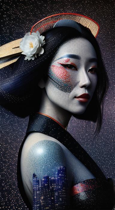 Geisha in Space with Los Angeles Skyline: Pointillist Portra...