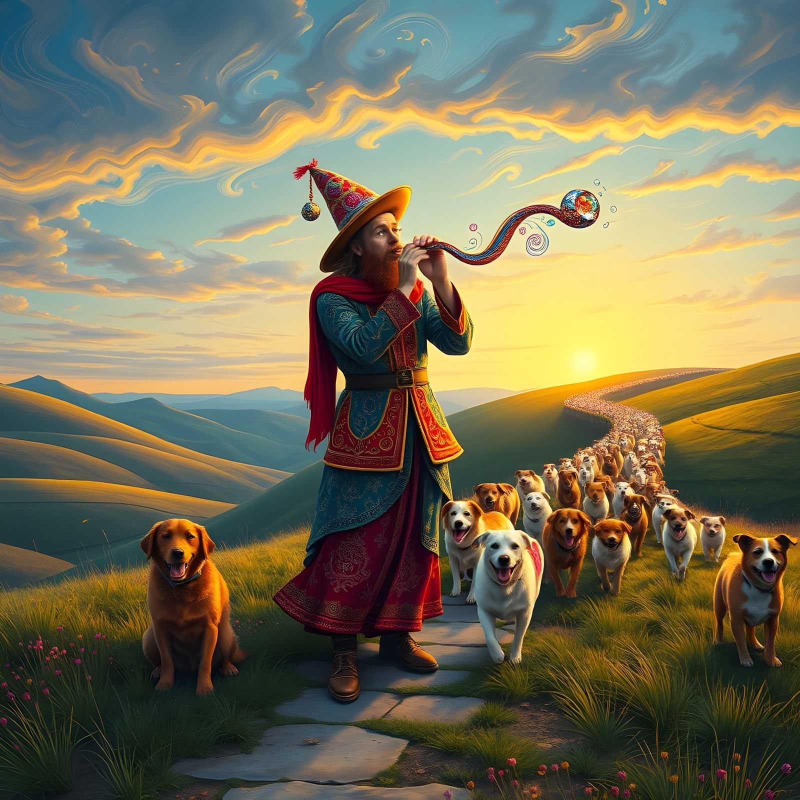 Vibrant Dogs Follow Pied Piper in Whimsical Procession