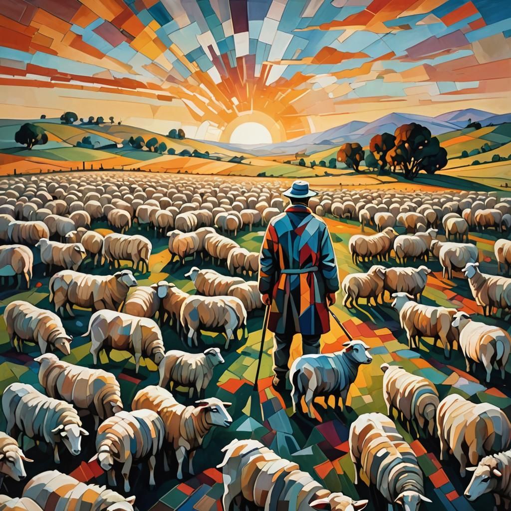 Abstract Cubist Shepherd at Dusk in Geometric Field