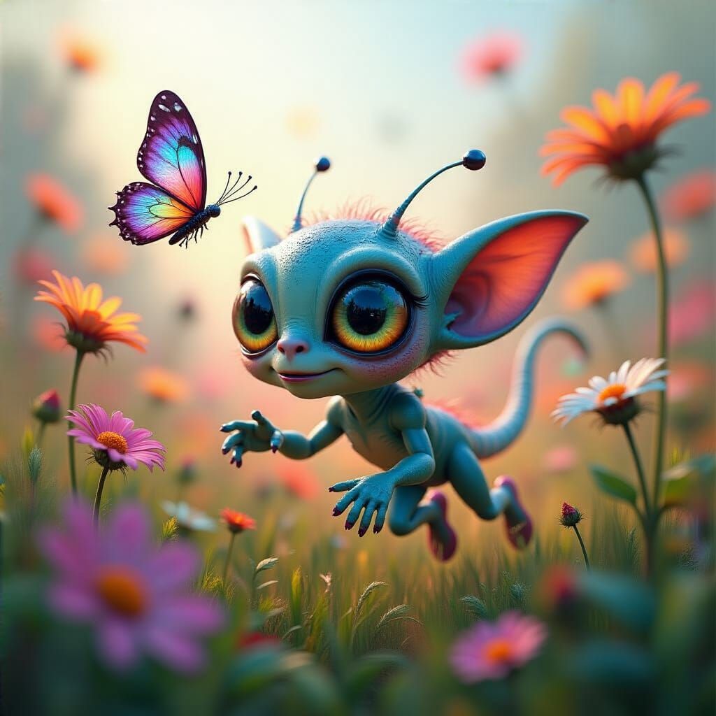 Playful Alien Chasing Butterfly: Pixar-Inspired Dreamscape