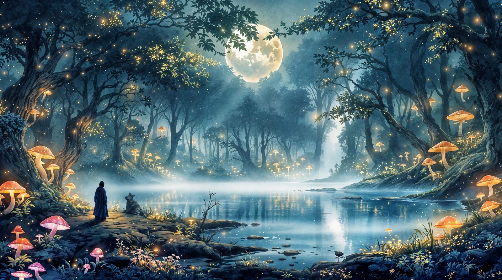 Dreamlike Watercolor Panorama of a Mystical Moonlit Forest