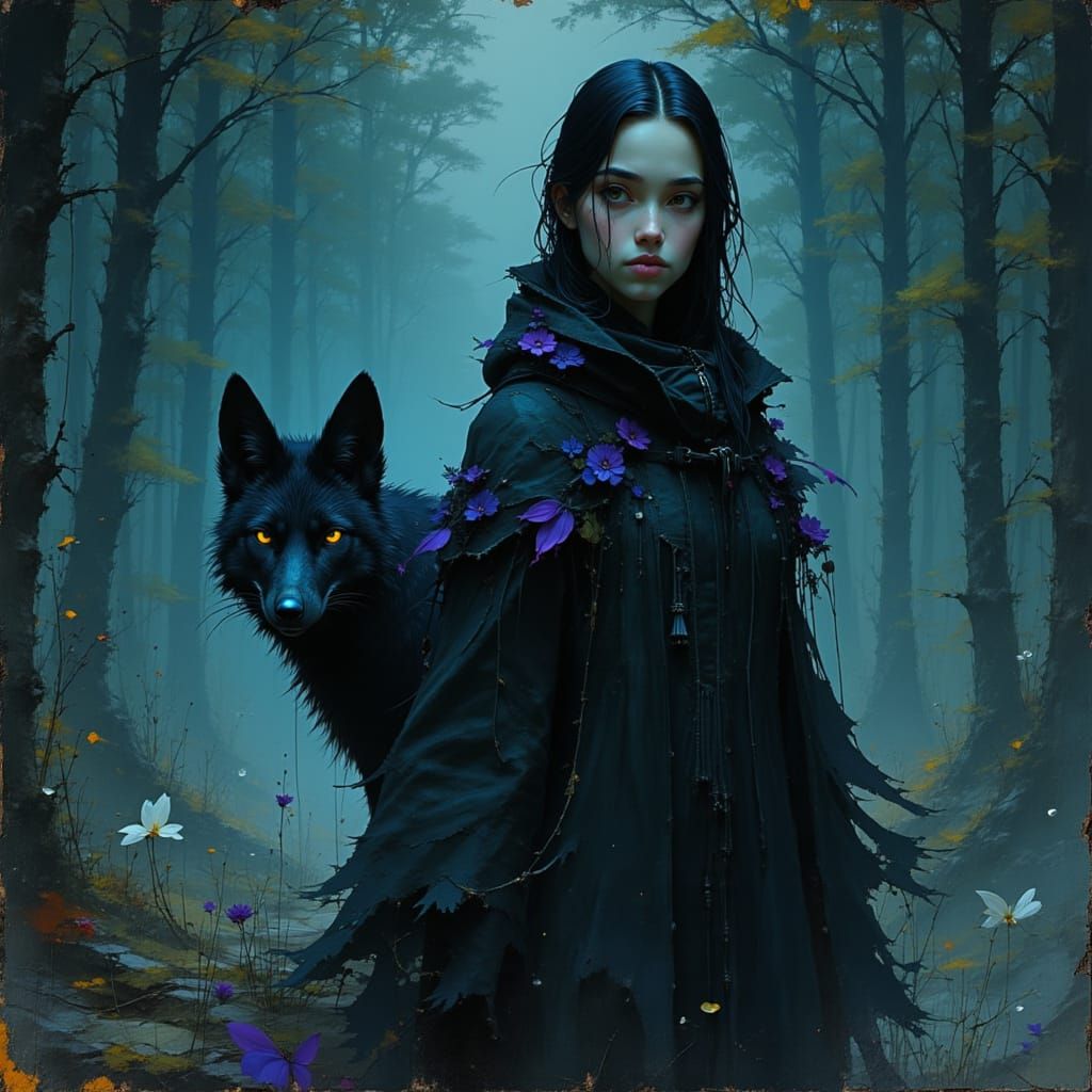 Crow Girl in Mystical Forest, Matte Painting