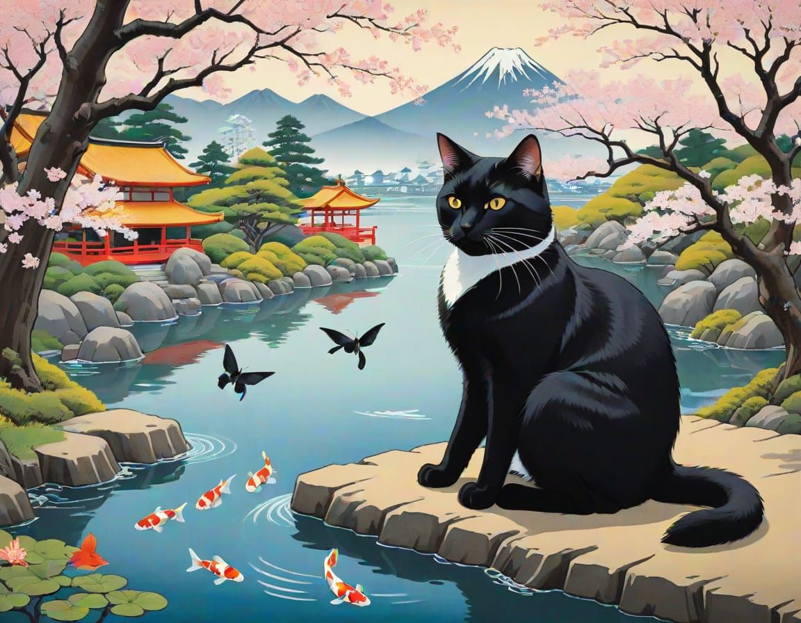 Japanese Cat in Cherry Blossom Garden with Ukiyo-e Style Kim...