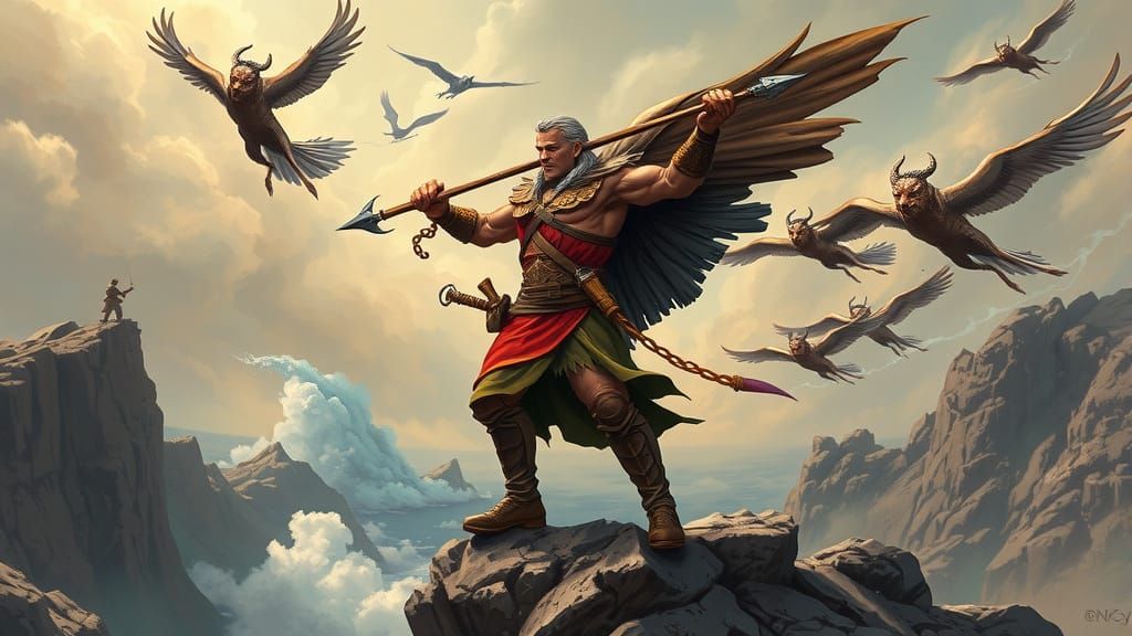 Warrior Battles Harpies on Windswept Cliff