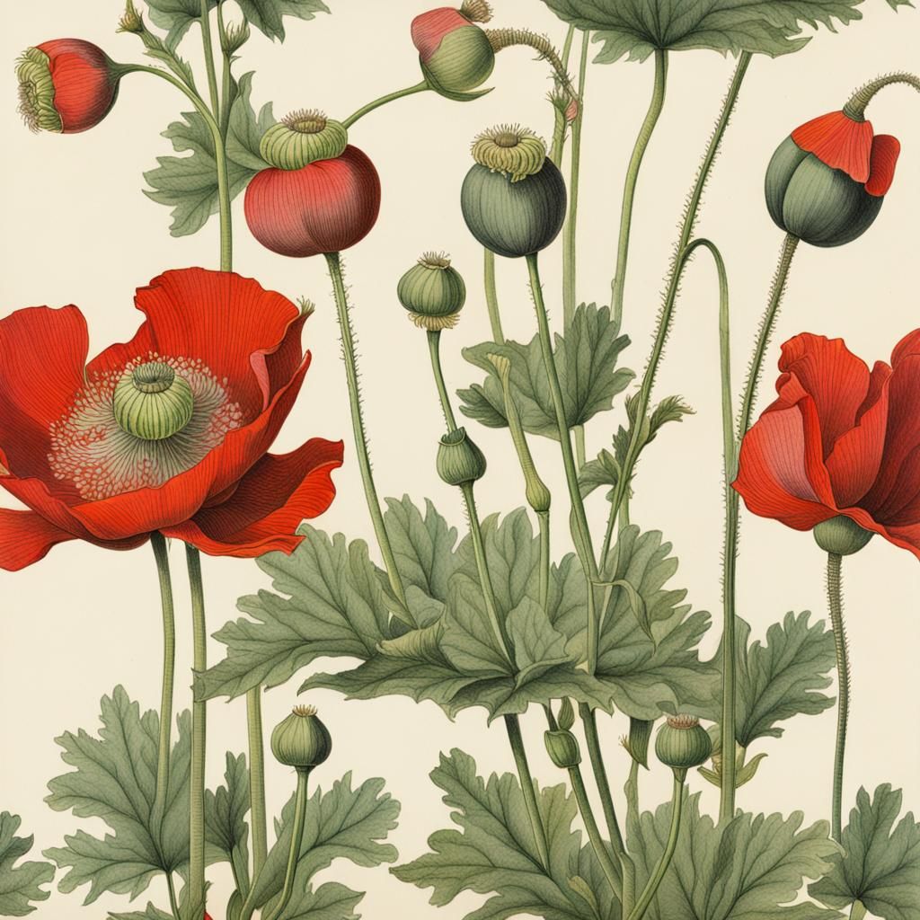 botanical  drawing of opium poppies